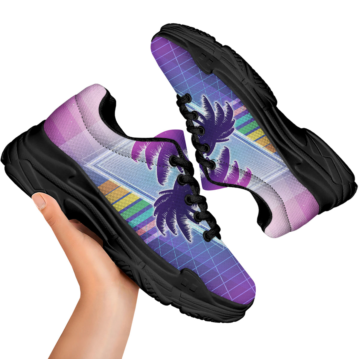 Retro Futuristic Palms Tree Print Black Chunky Shoes-grizzshop
