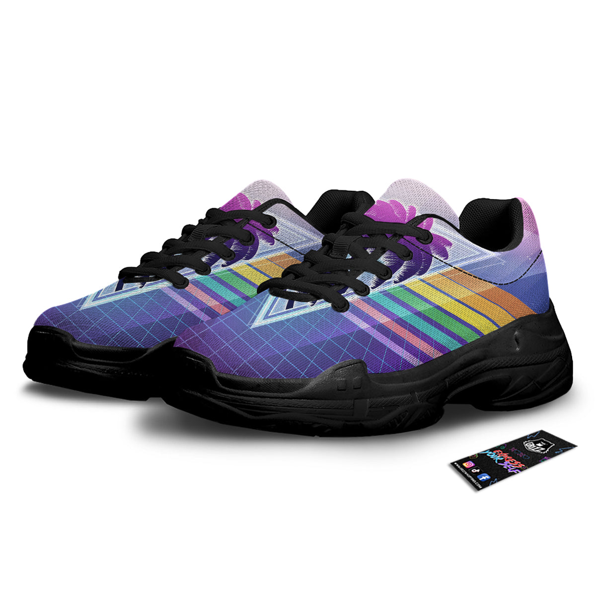 Retro Futuristic Palms Tree Print Black Chunky Shoes-grizzshop