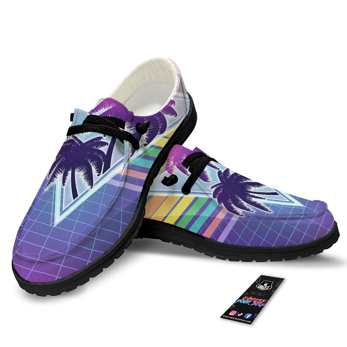 Retro Futuristic Palms Tree Print Black Loafers-grizzshop
