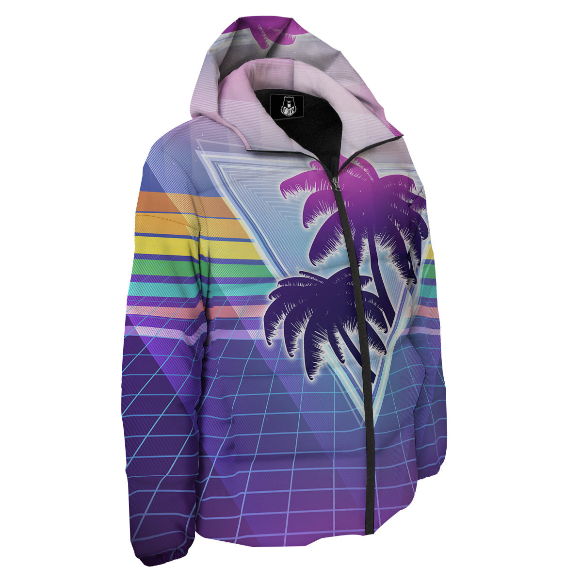 Retro Futuristic Palms Tree Print Down Jacket-grizzshop