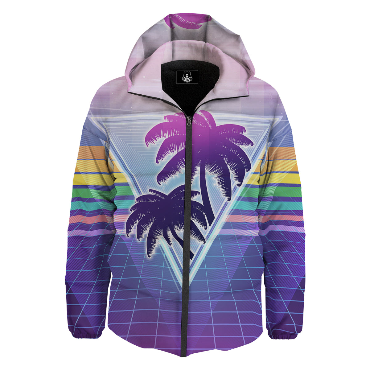 Retro Futuristic Palms Tree Print Down Jacket-grizzshop