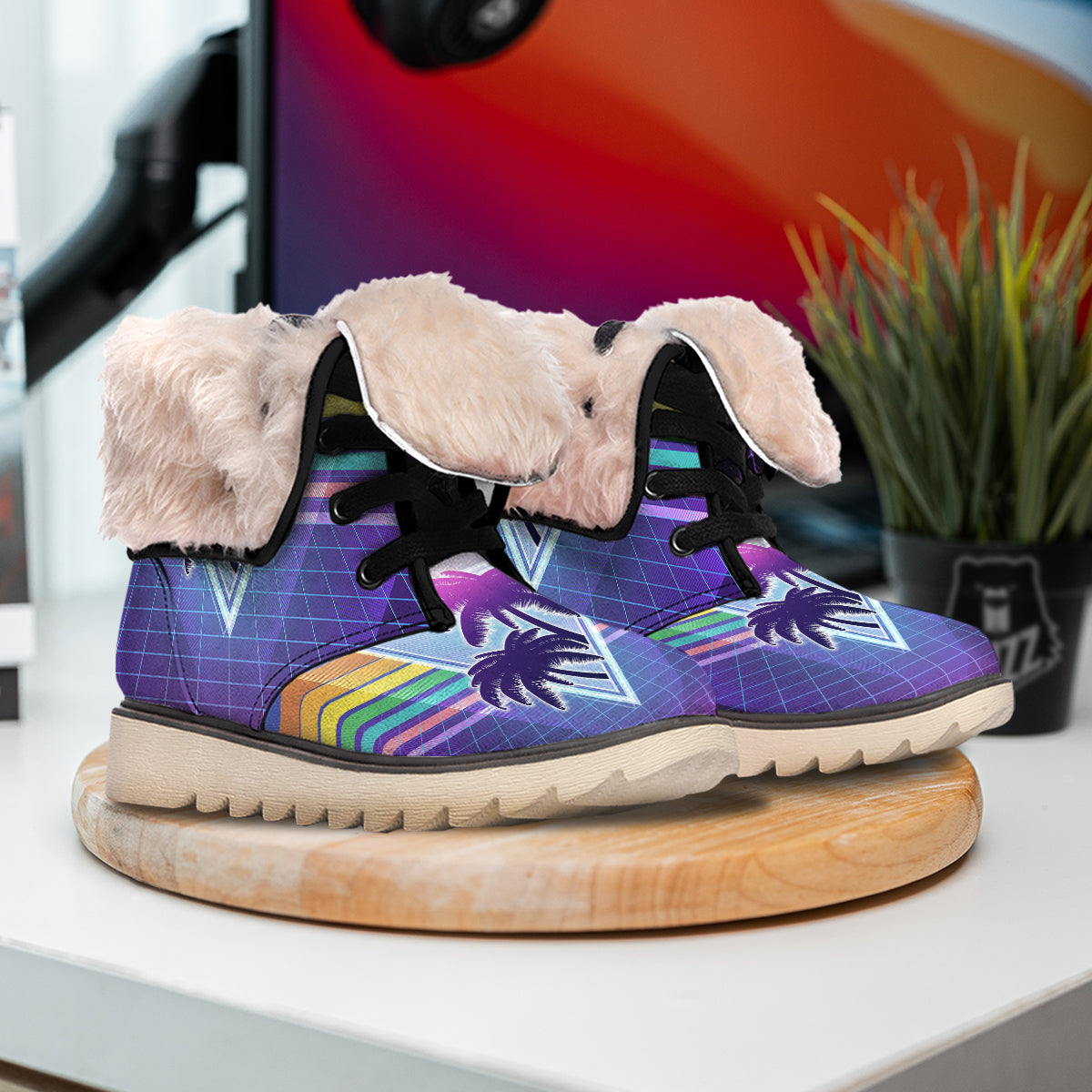 Retro Futuristic Palms Tree Print Snow Boots-grizzshop