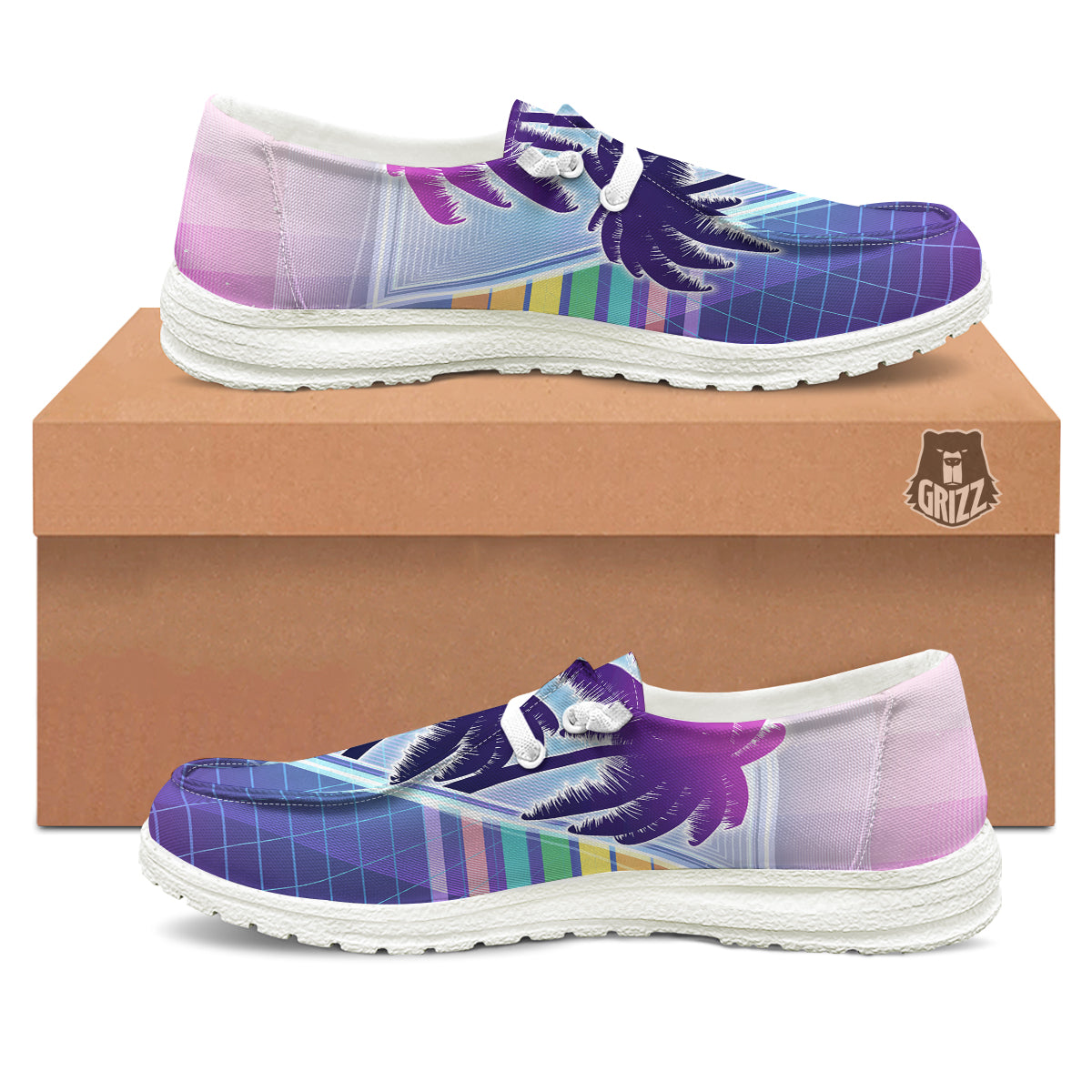 Retro Futuristic Palms Tree Print White Loafers-grizzshop