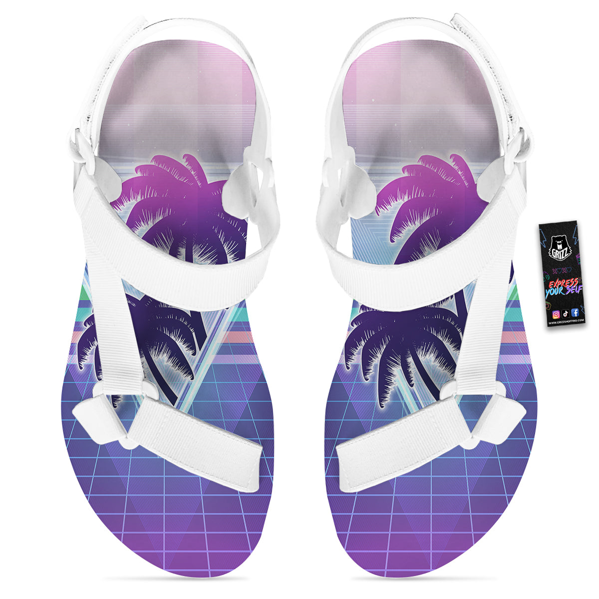 Retro Futuristic Palms Tree Print White Open Toe Sandals-grizzshop