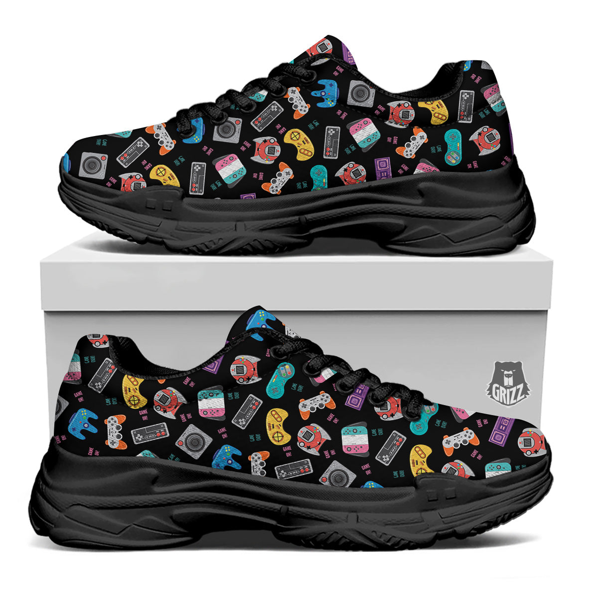 Retro Video Game Controller Print Pattern Black Chunky Shoes-grizzshop