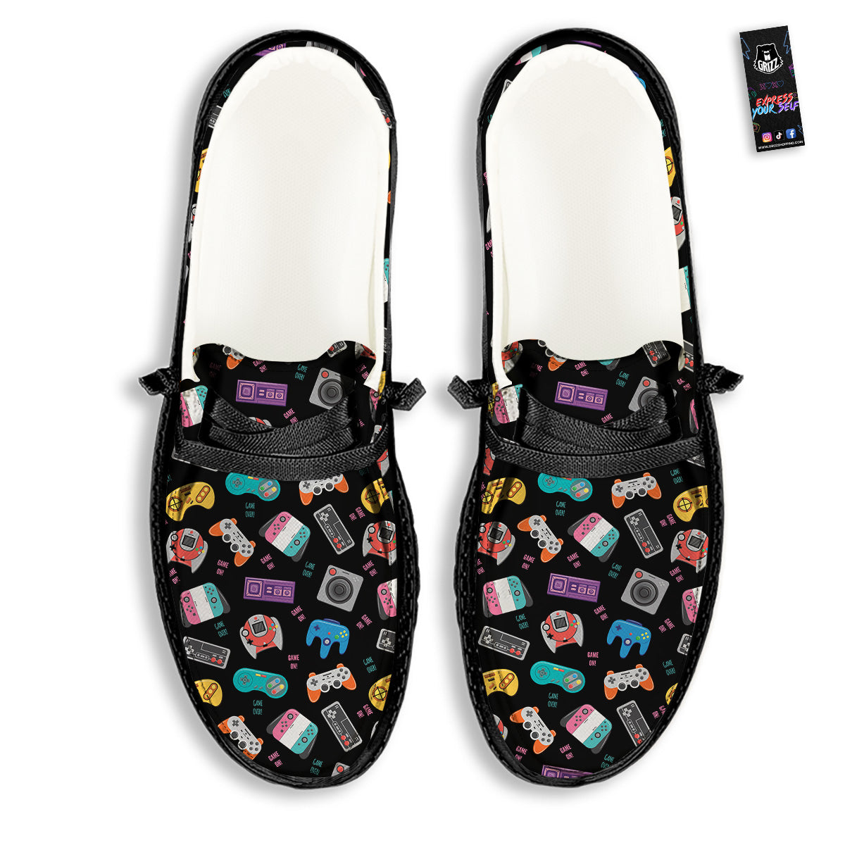 Retro Video Game Controller Print Pattern Black Loafers-grizzshop