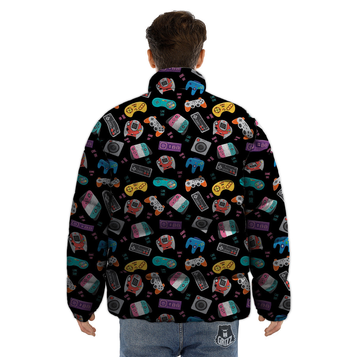 Retro Video Game Controller Print Pattern Puffer Jacket-grizzshop