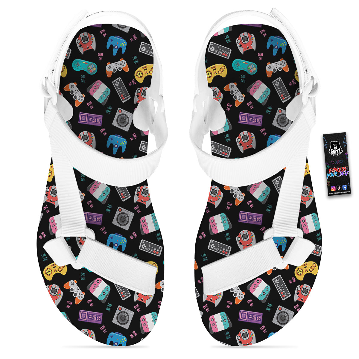 Retro Video Game Controller Print Pattern White Open Toe Sandals-grizzshop