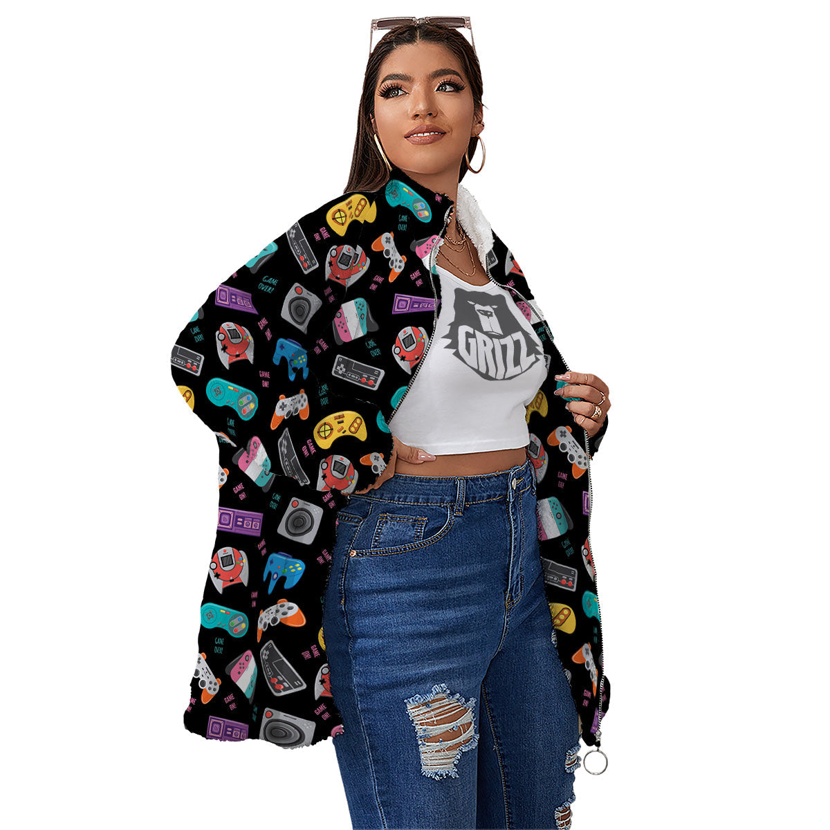 Retro Video Game Controller Print Pattern Women's Sherpa Jacket-grizzshop