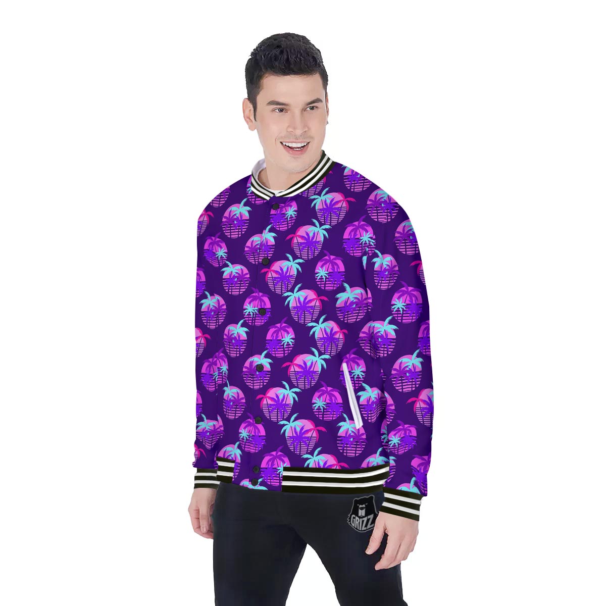 Retrowave Sunset Palm Tree Print Pattern Baseball Jacket-grizzshop