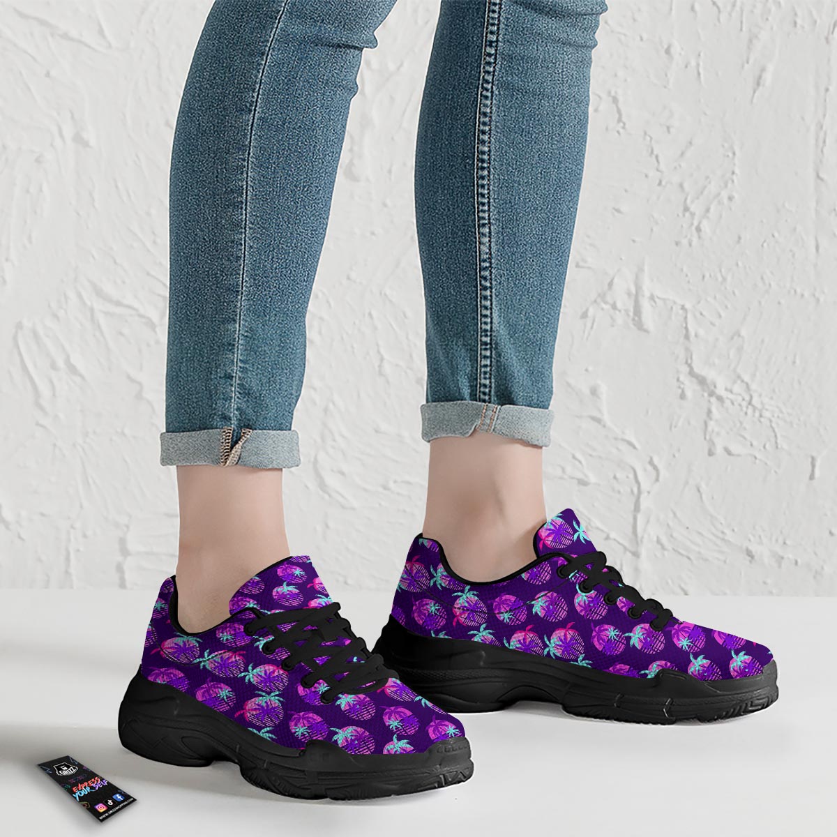 Retrowave Sunset Palm Tree Print Pattern Black Chunky Shoes-grizzshop