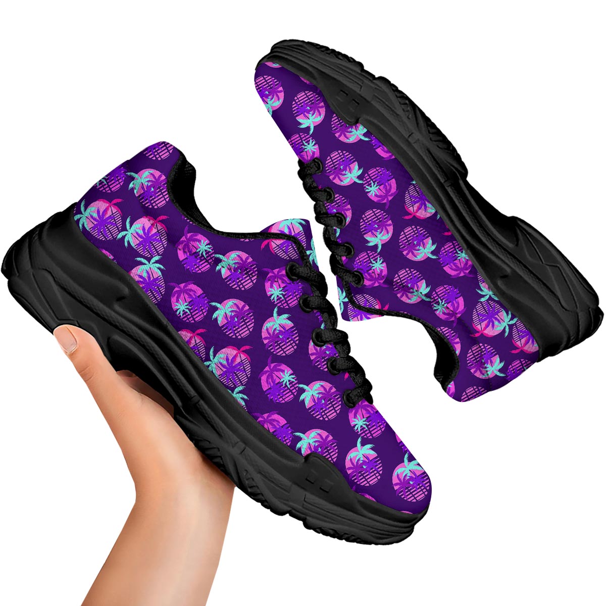 Retrowave Sunset Palm Tree Print Pattern Black Chunky Shoes-grizzshop