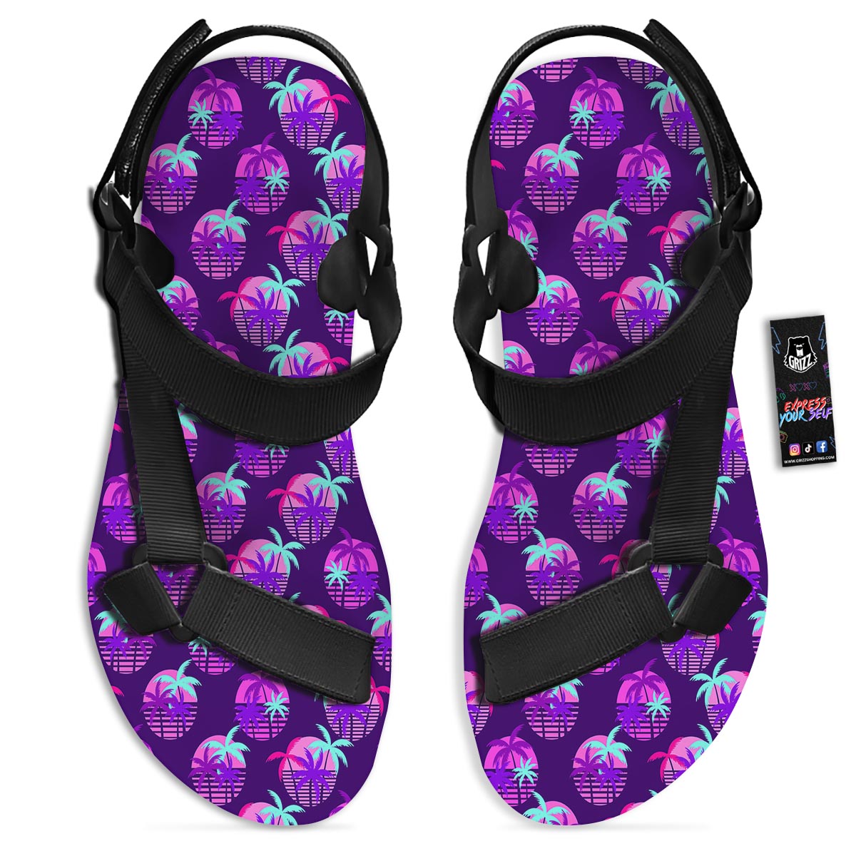 Retrowave Sunset Palm Tree Print Pattern Black Open Toe Sandals-grizzshop