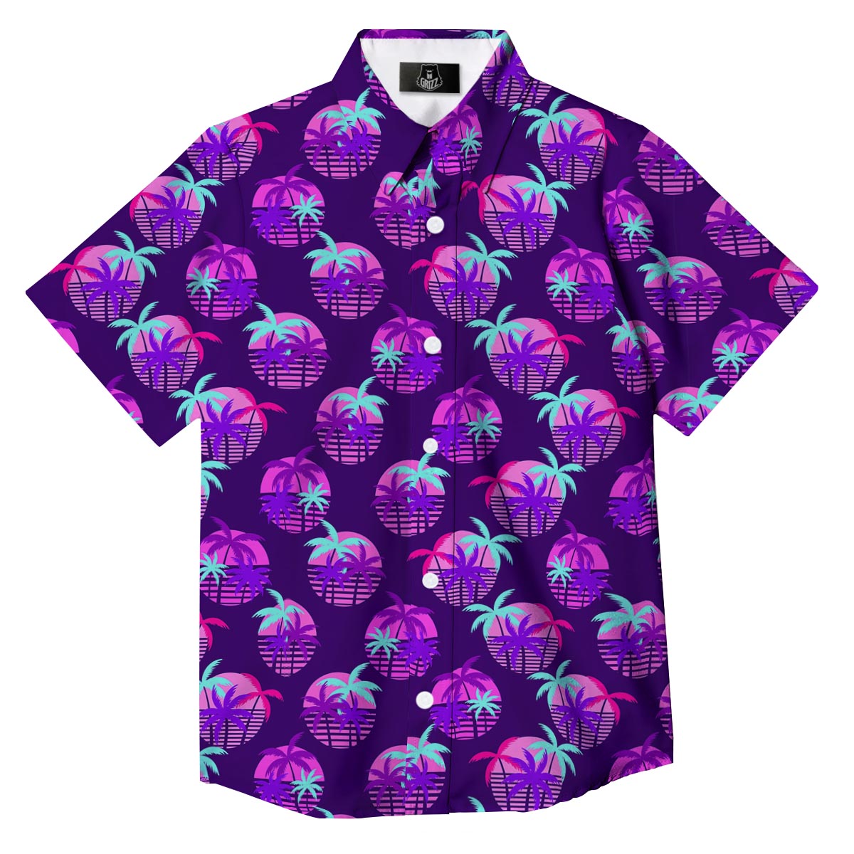 Retrowave Sunset Palm Tree Print Pattern Button Up Shirt-grizzshop