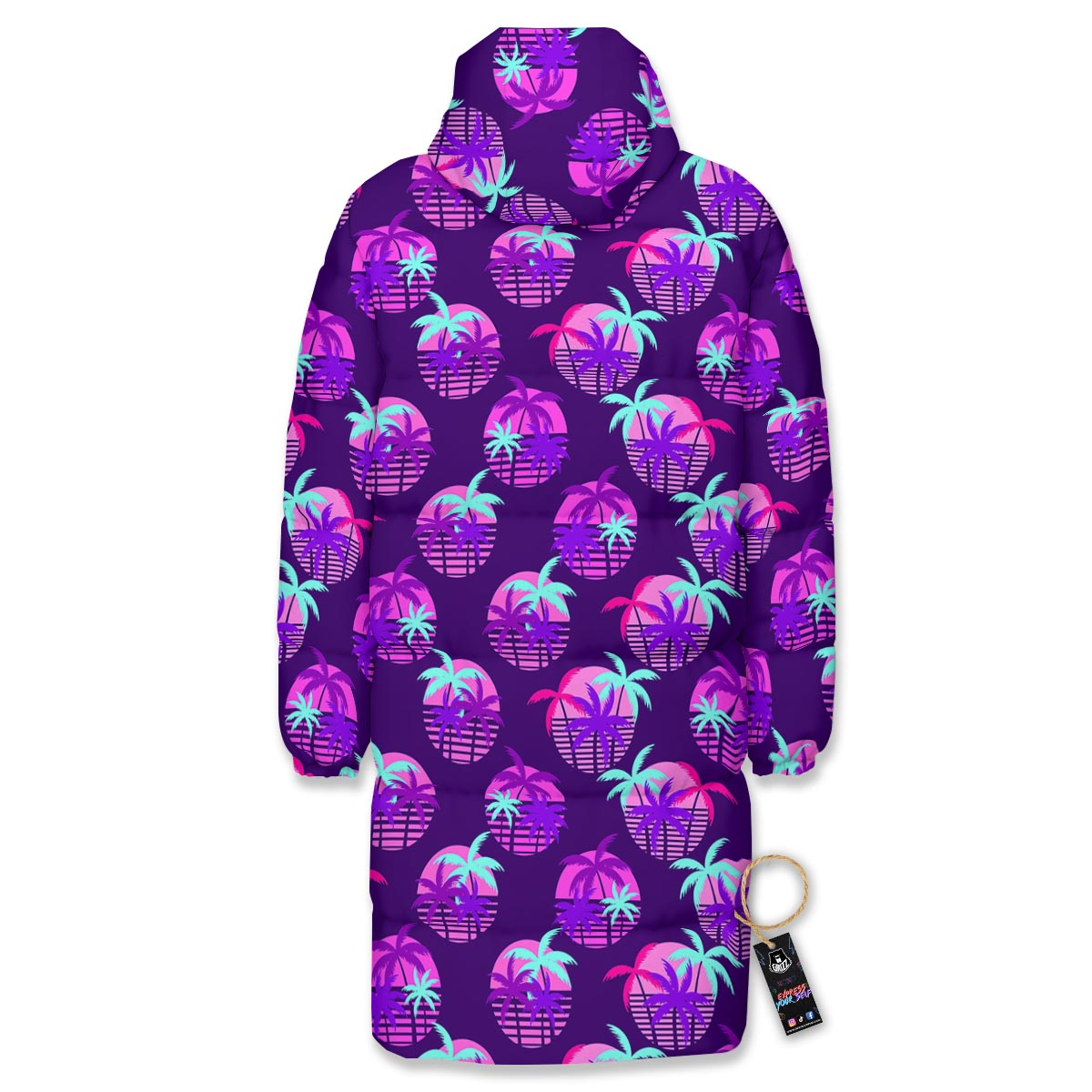 Retrowave Sunset Palm Tree Print Pattern Long Down Jacket-grizzshop