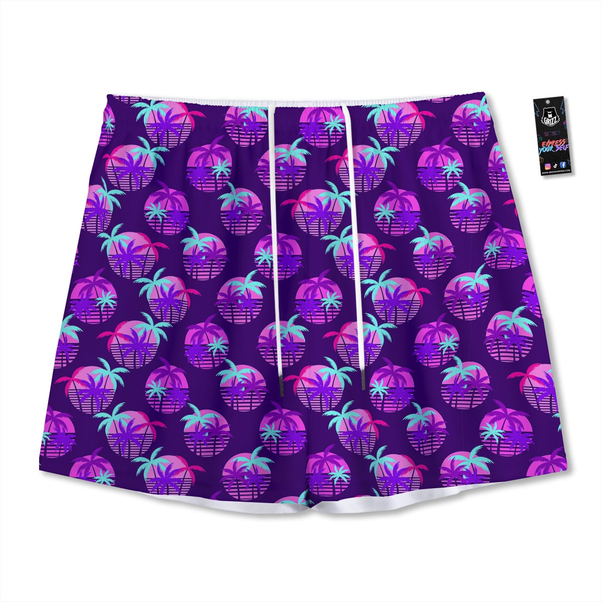 Retrowave Sunset Palm Tree Print Pattern Mesh Shorts