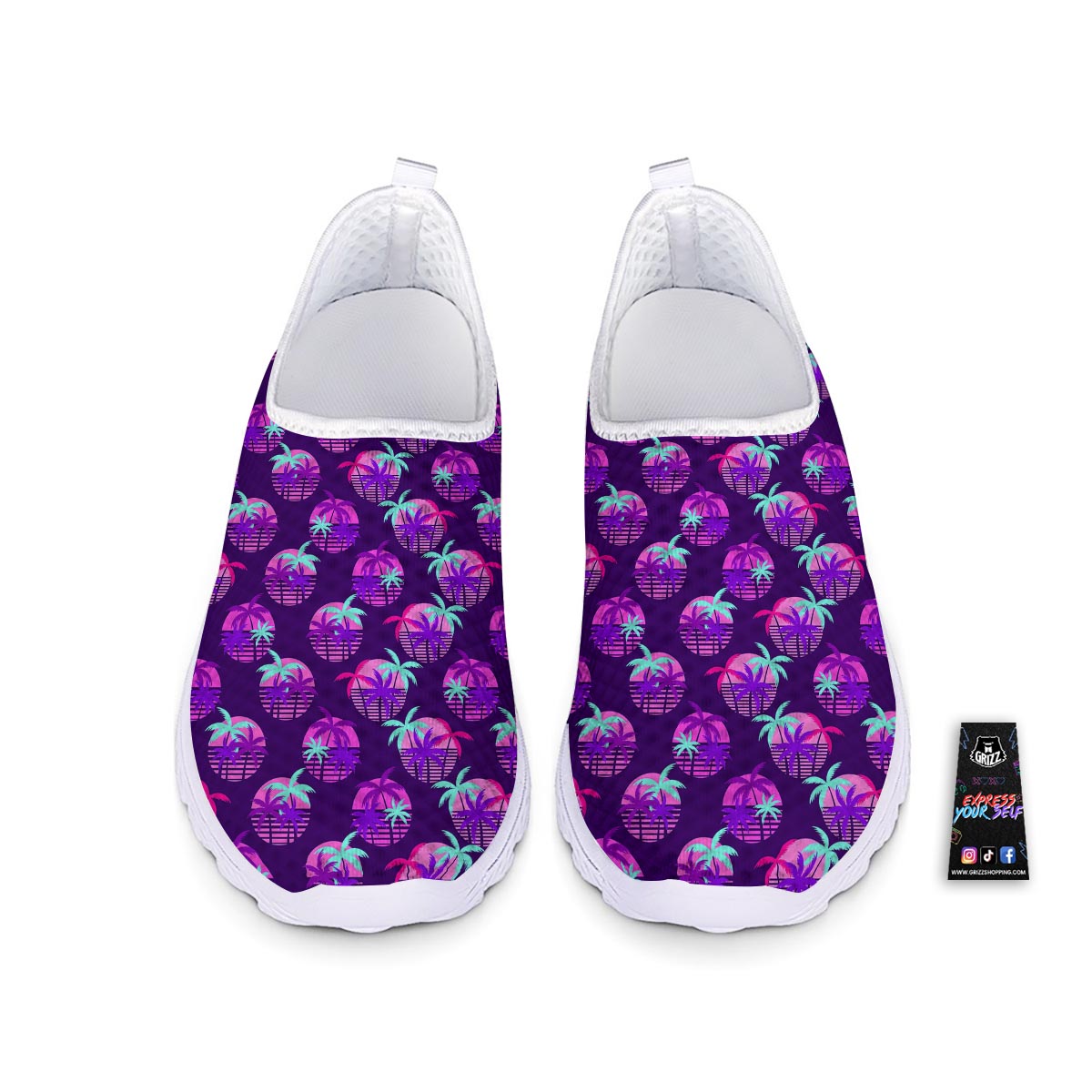 Retrowave Sunset Palm Tree Print Pattern Nurse Shoes-grizzshop