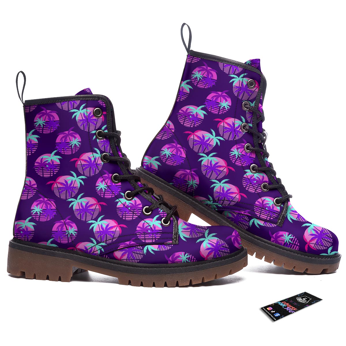 Retrowave Sunset Palm Tree Print Pattern Work Boots-grizzshop