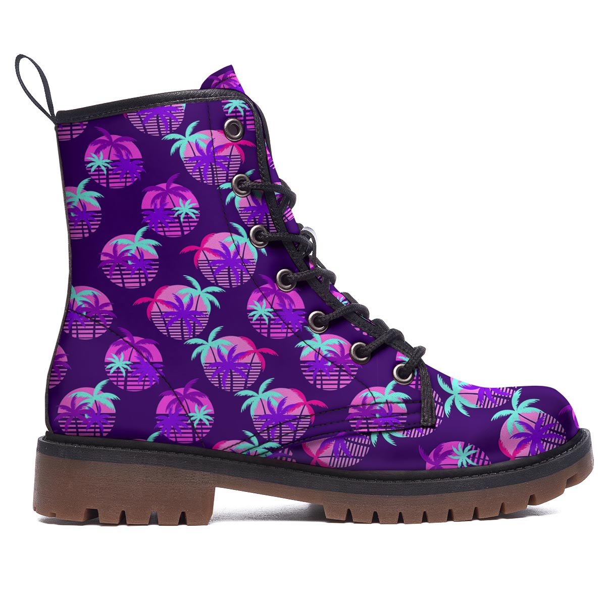 Retrowave Sunset Palm Tree Print Pattern Work Boots-grizzshop