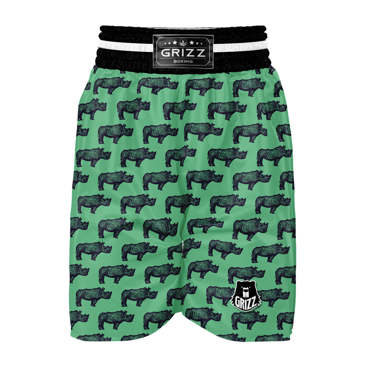 Rhino Hand Drawn Green Print Pattern Boxing Shorts-grizzshop