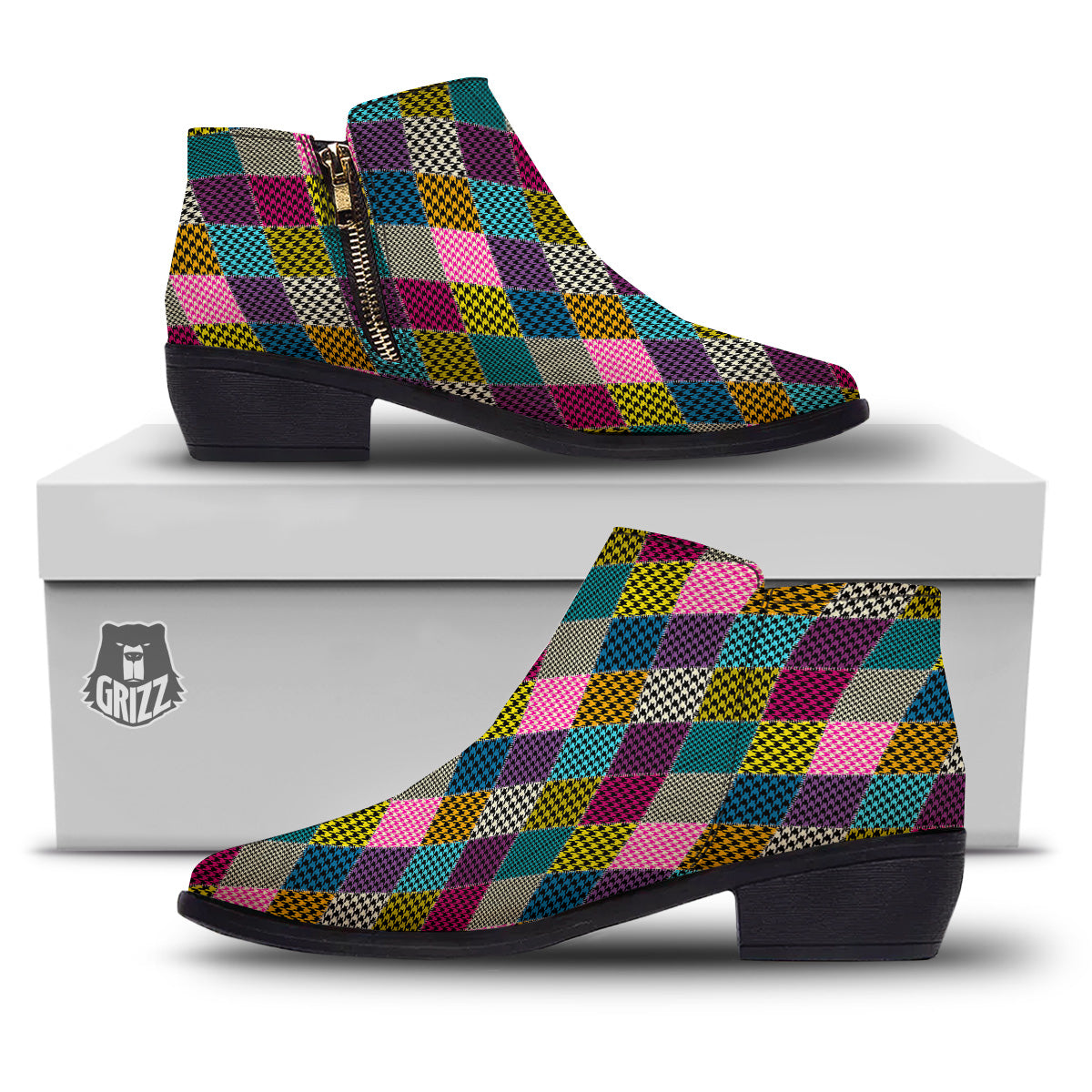 Rhombuses Houndstooth Colorful Print Pattern Ankle Boots-grizzshop