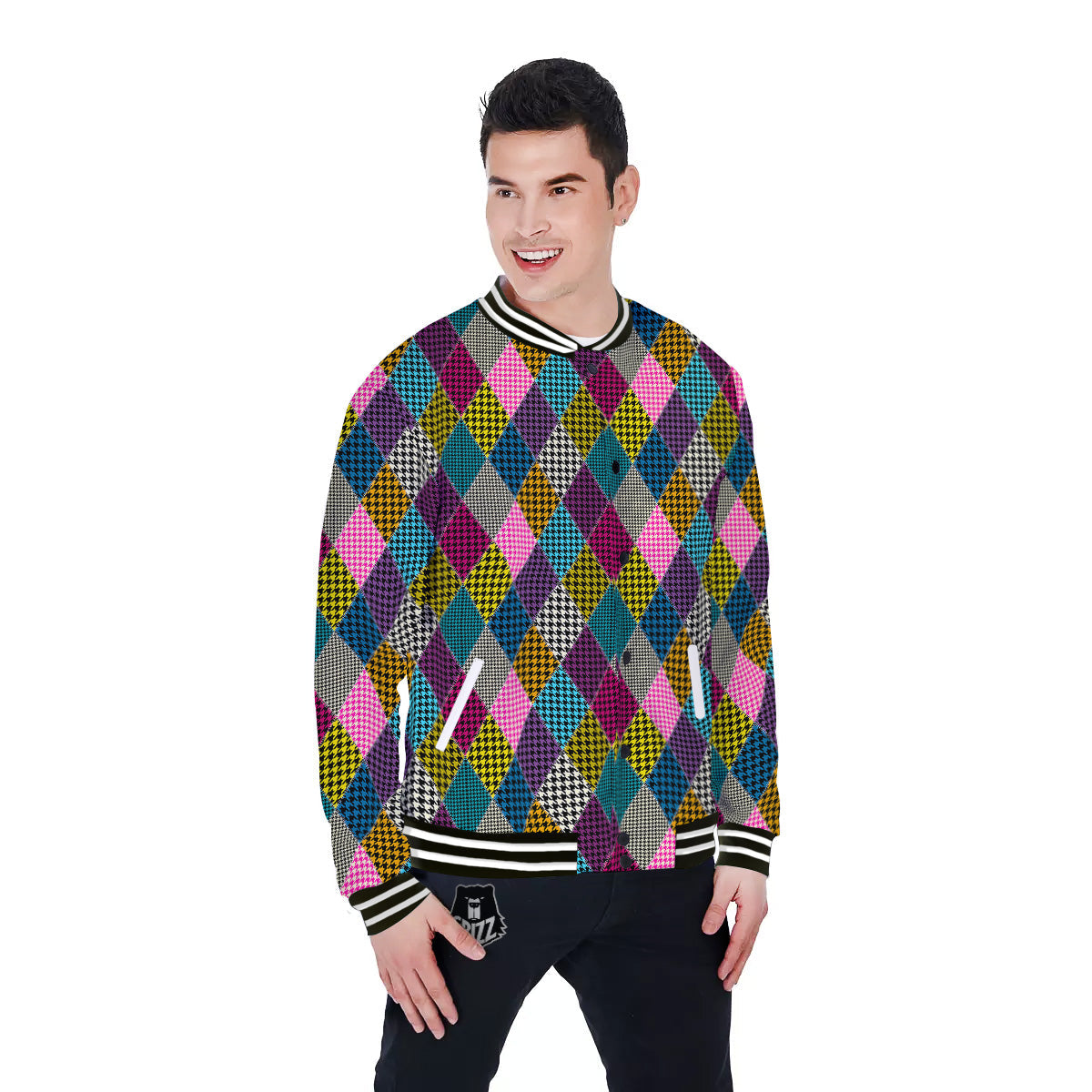 Rhombuses Houndstooth Colorful Print Pattern Baseball Jacket-grizzshop