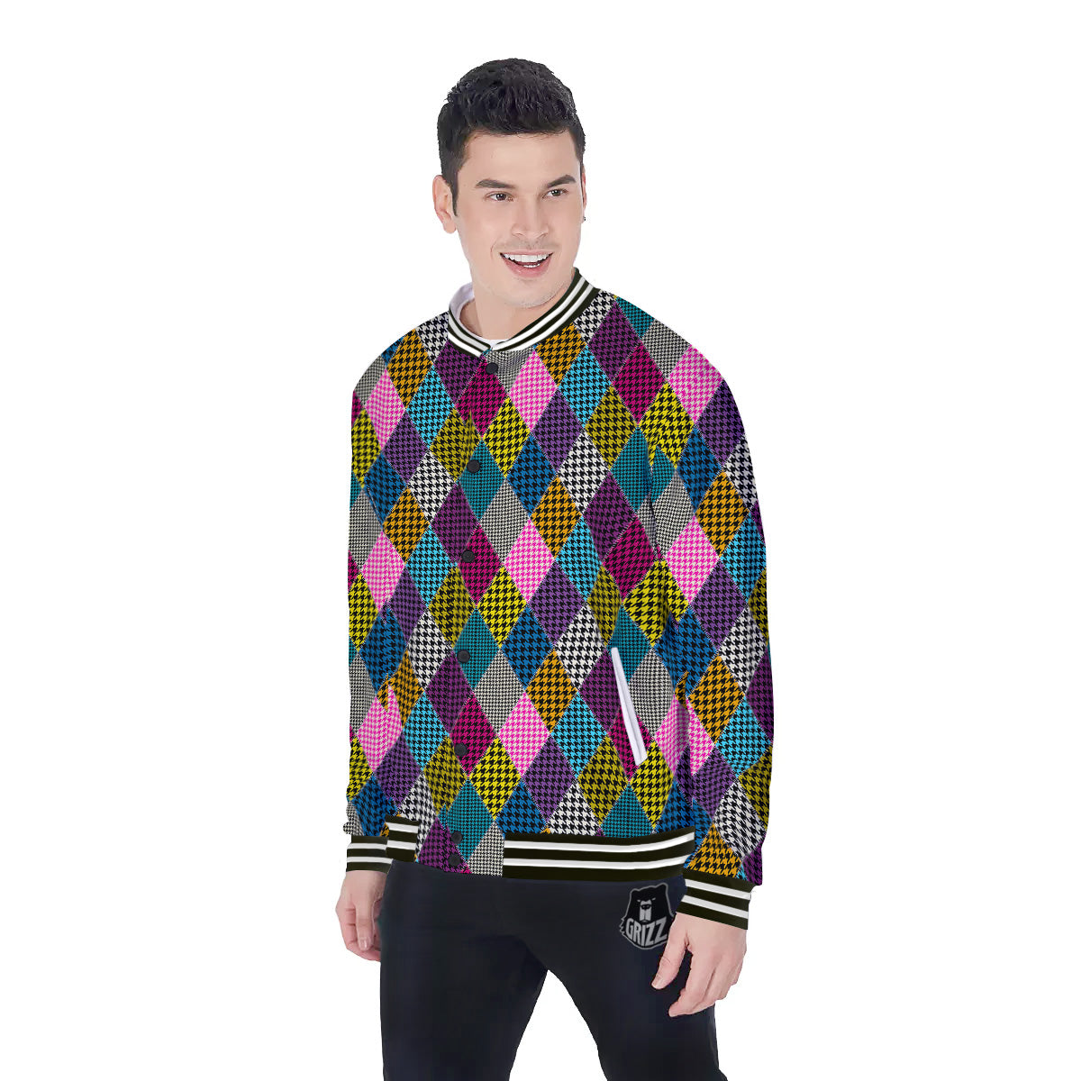 Rhombuses Houndstooth Colorful Print Pattern Baseball Jacket-grizzshop