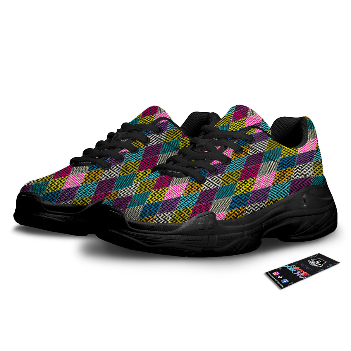 Rhombuses Houndstooth Colorful Print Pattern Black Chunky Shoes-grizzshop