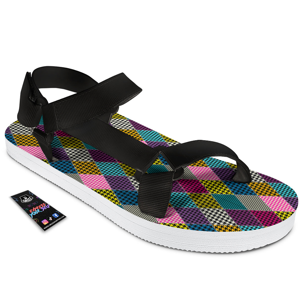Rhombuses Houndstooth Colorful Print Pattern Black Open Toe Sandals-grizzshop