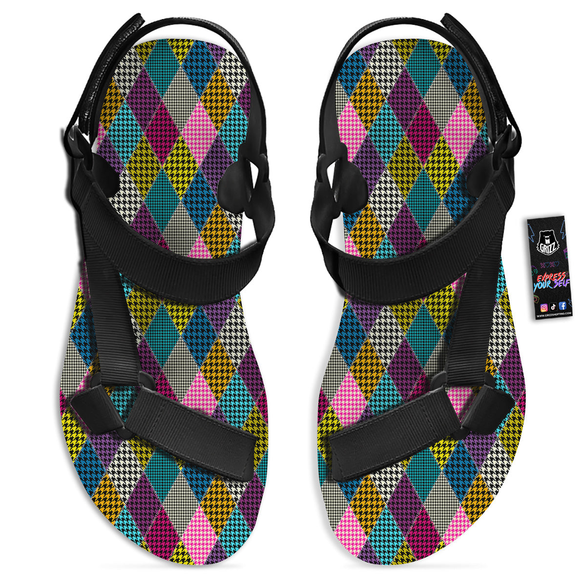 Rhombuses Houndstooth Colorful Print Pattern Black Open Toe Sandals-grizzshop