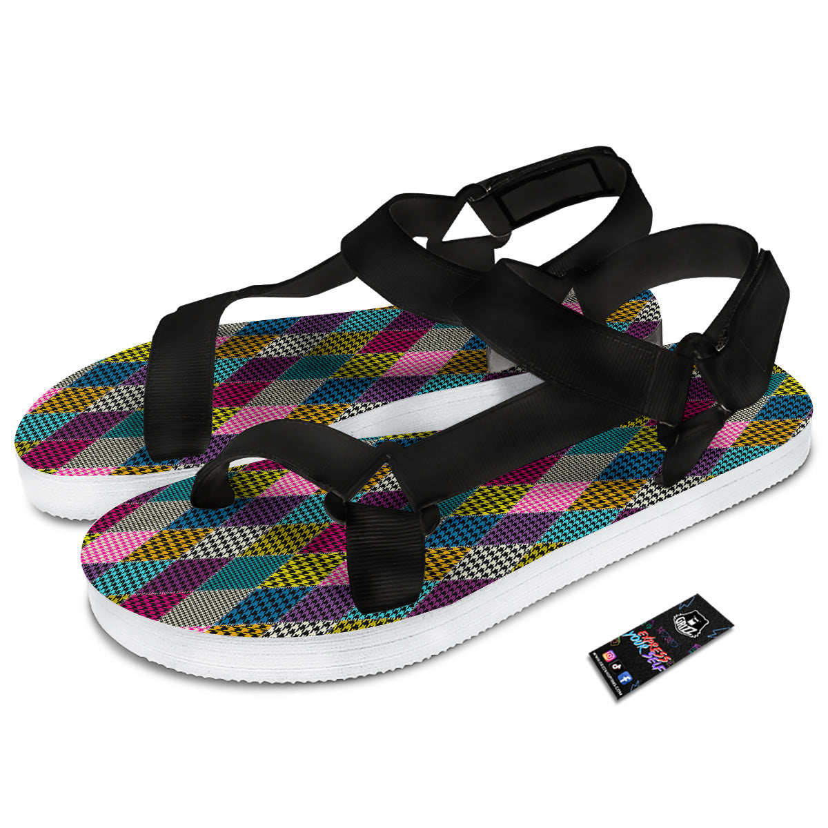 Rhombuses Houndstooth Colorful Print Pattern Black Open Toe Sandals-grizzshop