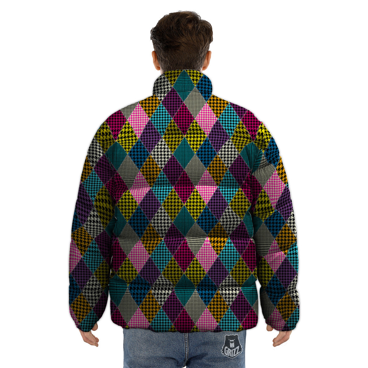Rhombuses Houndstooth Colorful Print Pattern Puffer Jacket-grizzshop