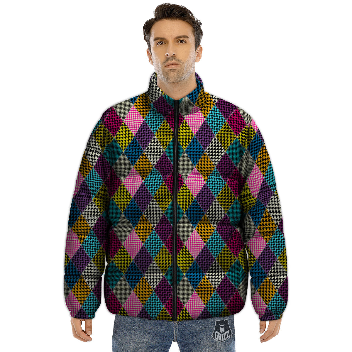 Rhombuses Houndstooth Colorful Print Pattern Puffer Jacket-grizzshop