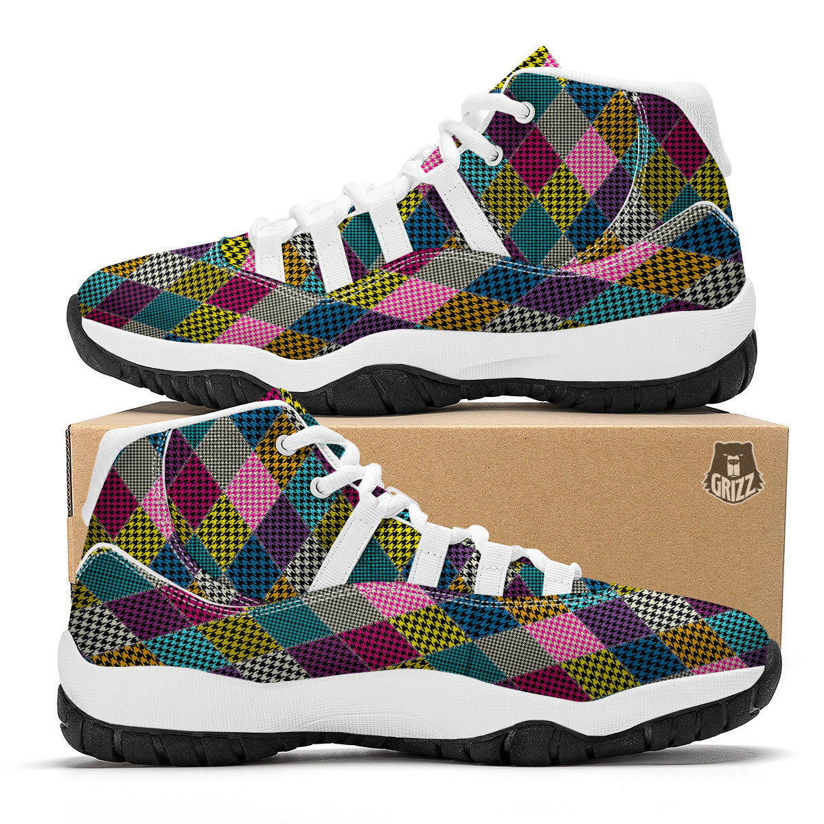 Rhombuses Houndstooth Colorful Print Pattern White Bball Shoes-grizzshop