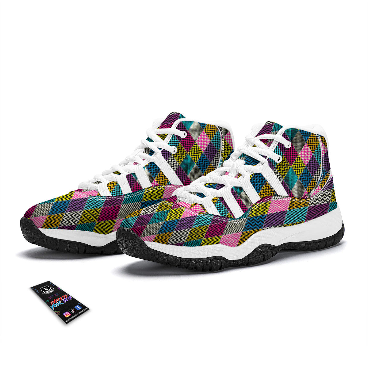 Rhombuses Houndstooth Colorful Print Pattern White Bball Shoes-grizzshop