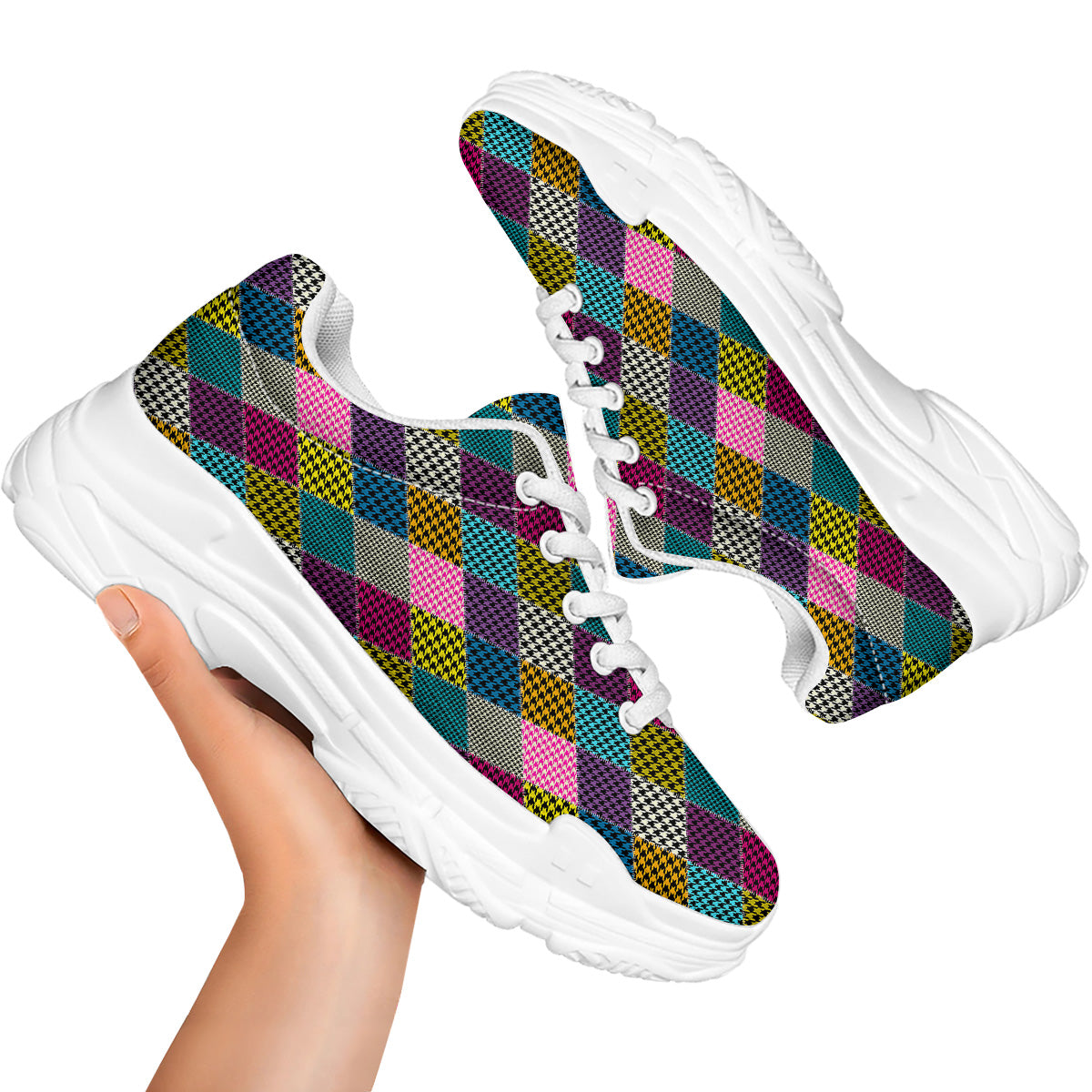 Rhombuses Houndstooth Colorful Print Pattern White Chunky Shoes-grizzshop