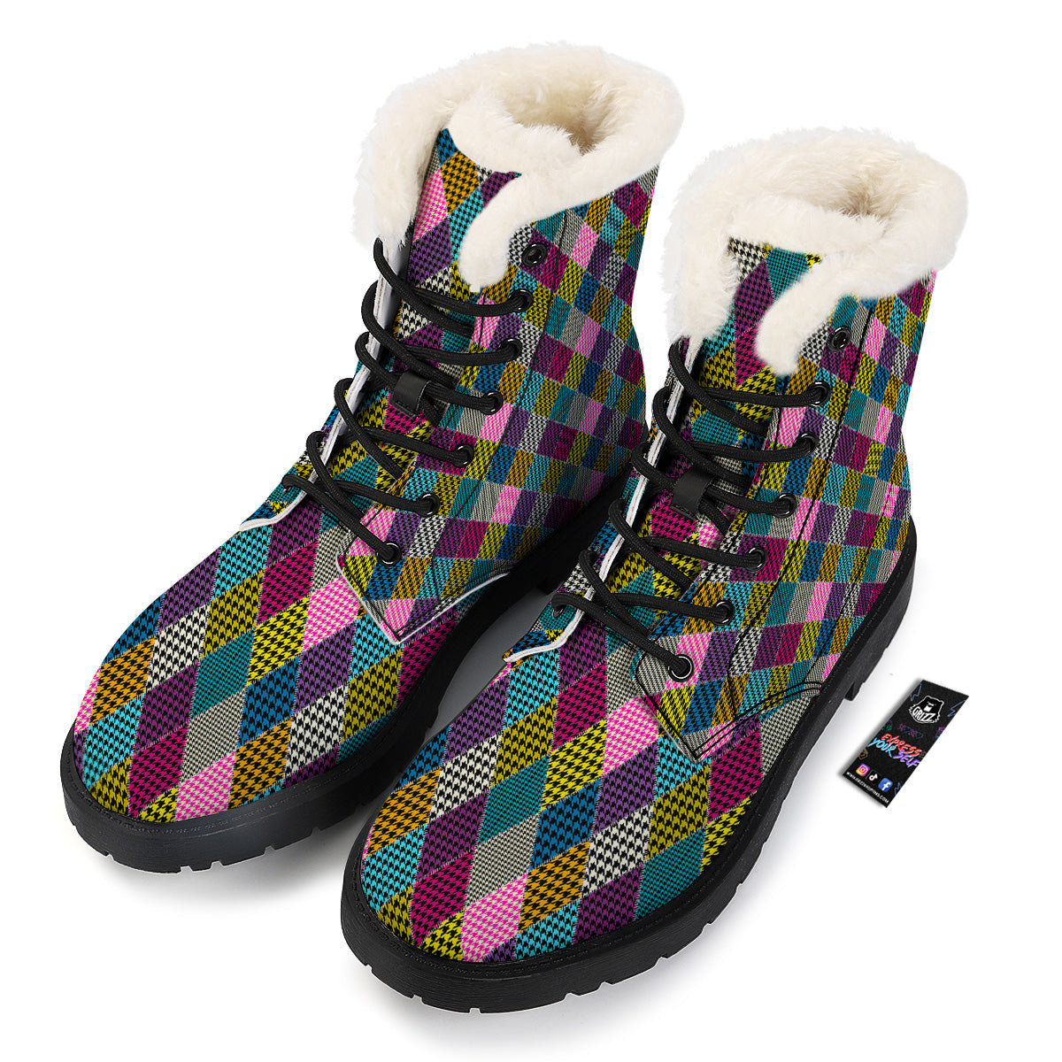 Rhombuses Houndstooth Colorful Print Pattern Winter Boots-grizzshop