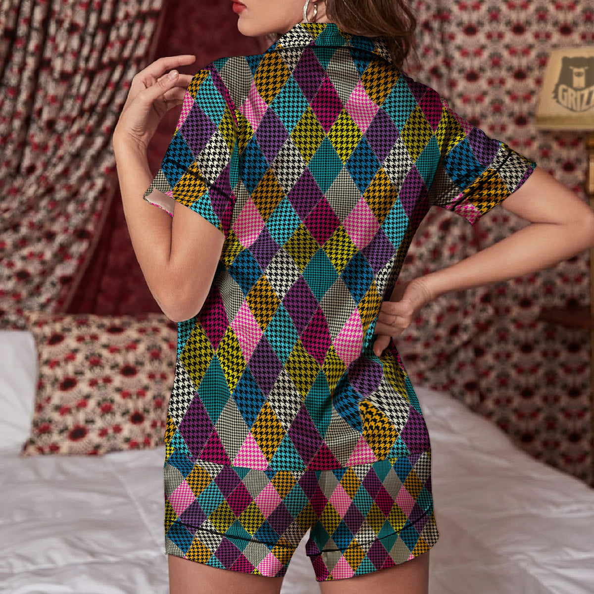 Rhombuses Houndstooth Colorful Print Pattern Women Silk Pajamas-grizzshop