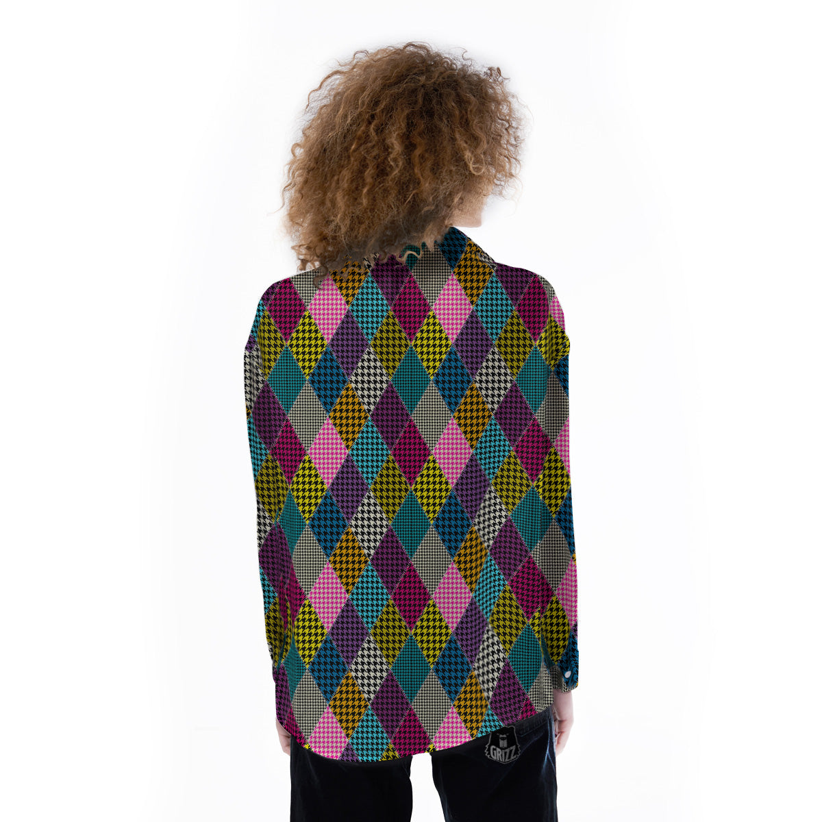 Rhombuses Houndstooth Colorful Print Pattern Women's Long Sleeve Shirts-grizzshop