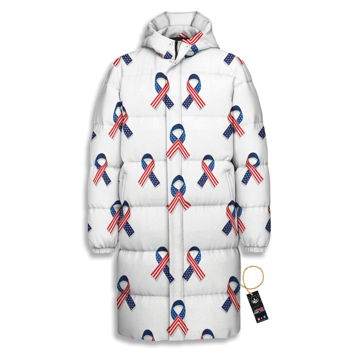 Ribbon American Flag Print Pattern Long Down Jacket-grizzshop