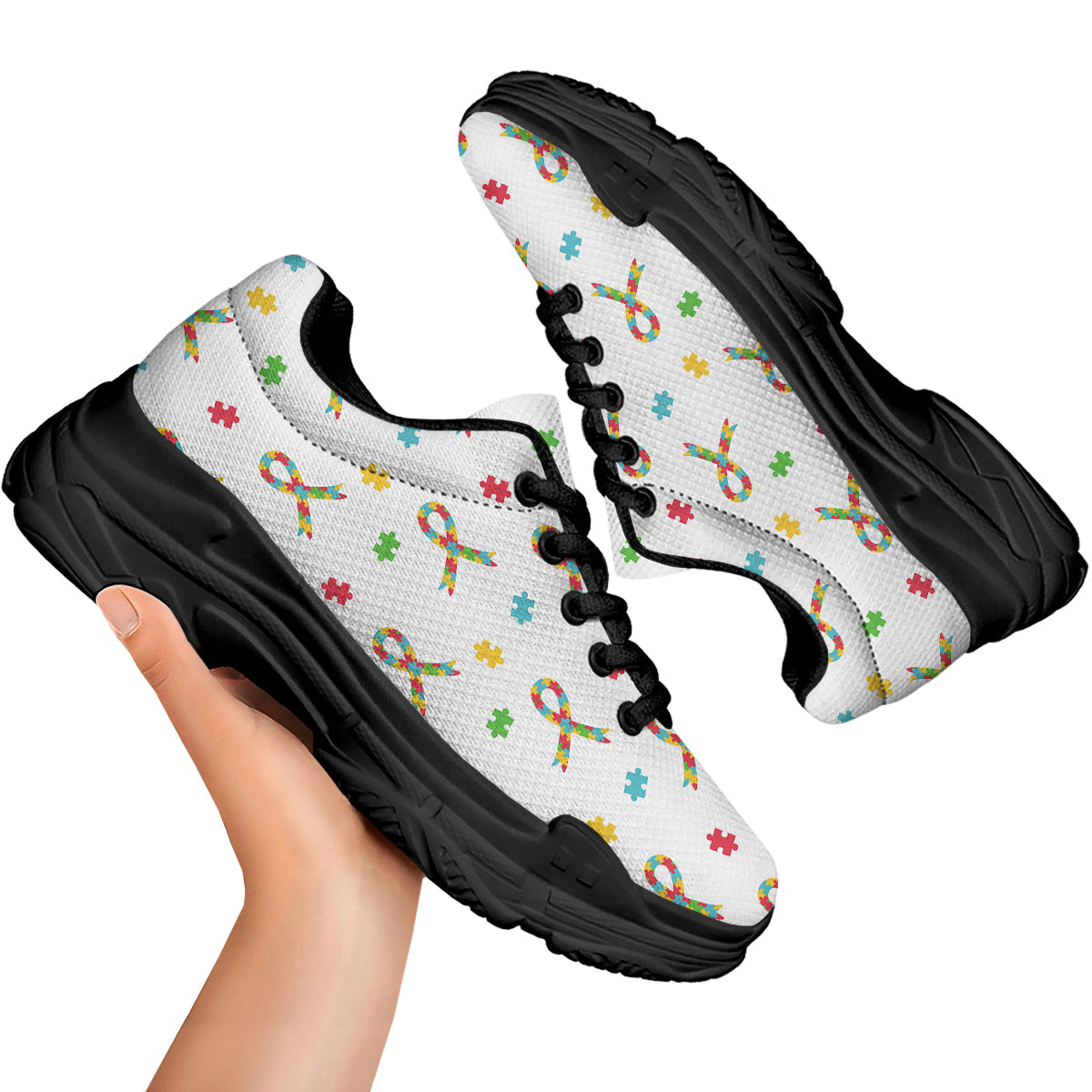 Ribbon Autism Awareness Print Pattern Black Chunky Shoes-grizzshop