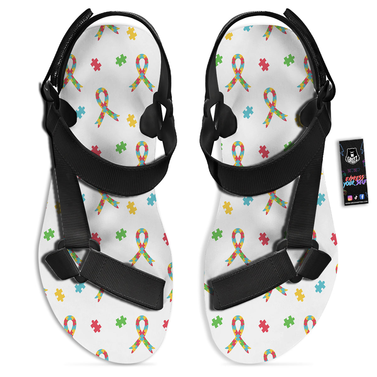 Ribbon Autism Awareness Print Pattern Black Open Toe Sandals-grizzshop