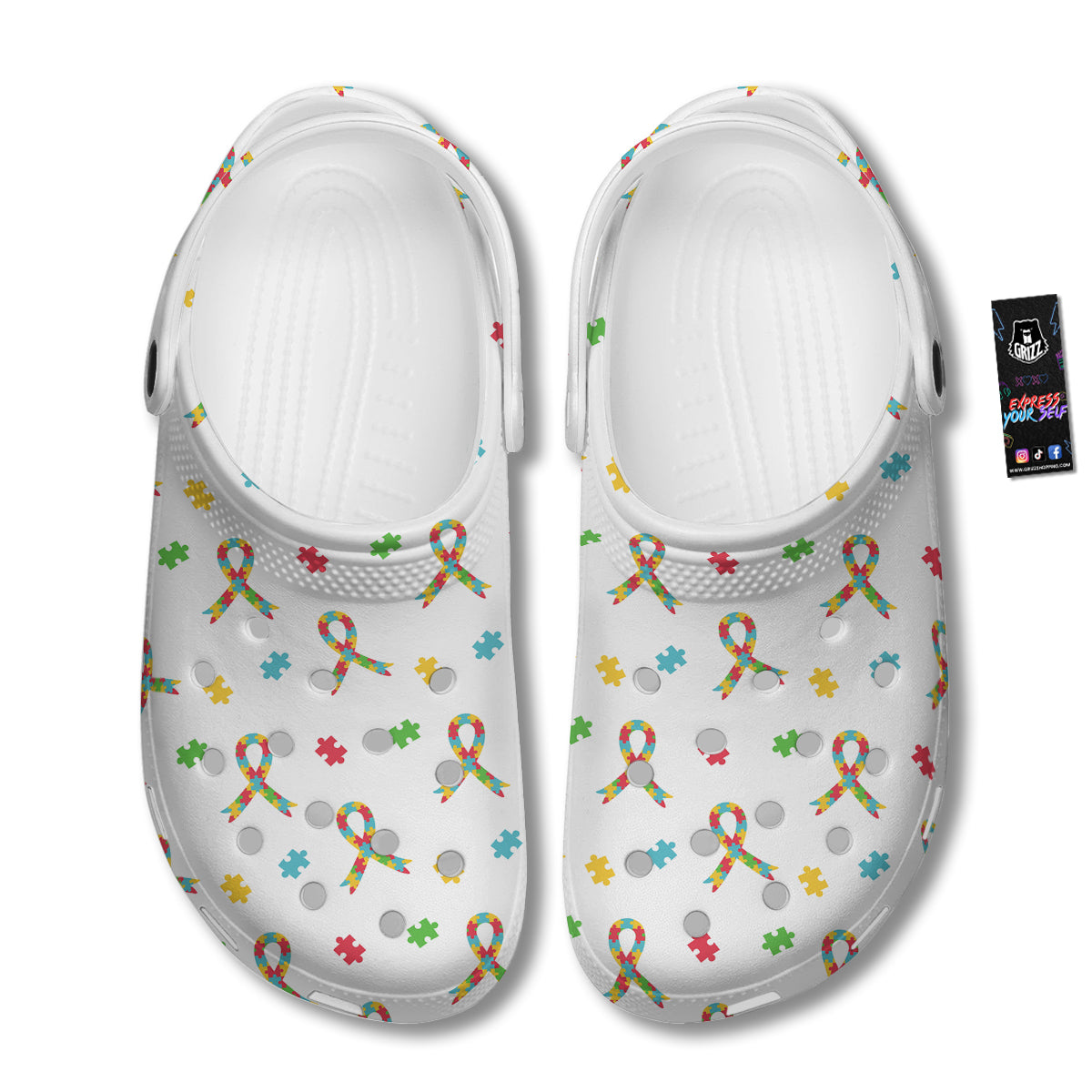 Ribbon Autism Awareness Print Pattern Clog-grizzshop