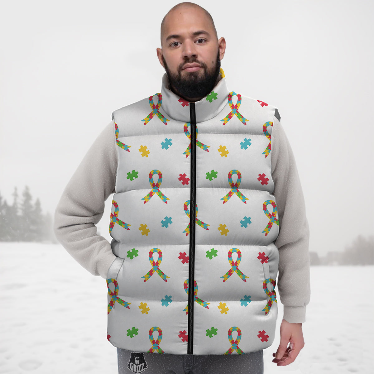 Ribbon Autism Awareness Print Pattern Down Vest