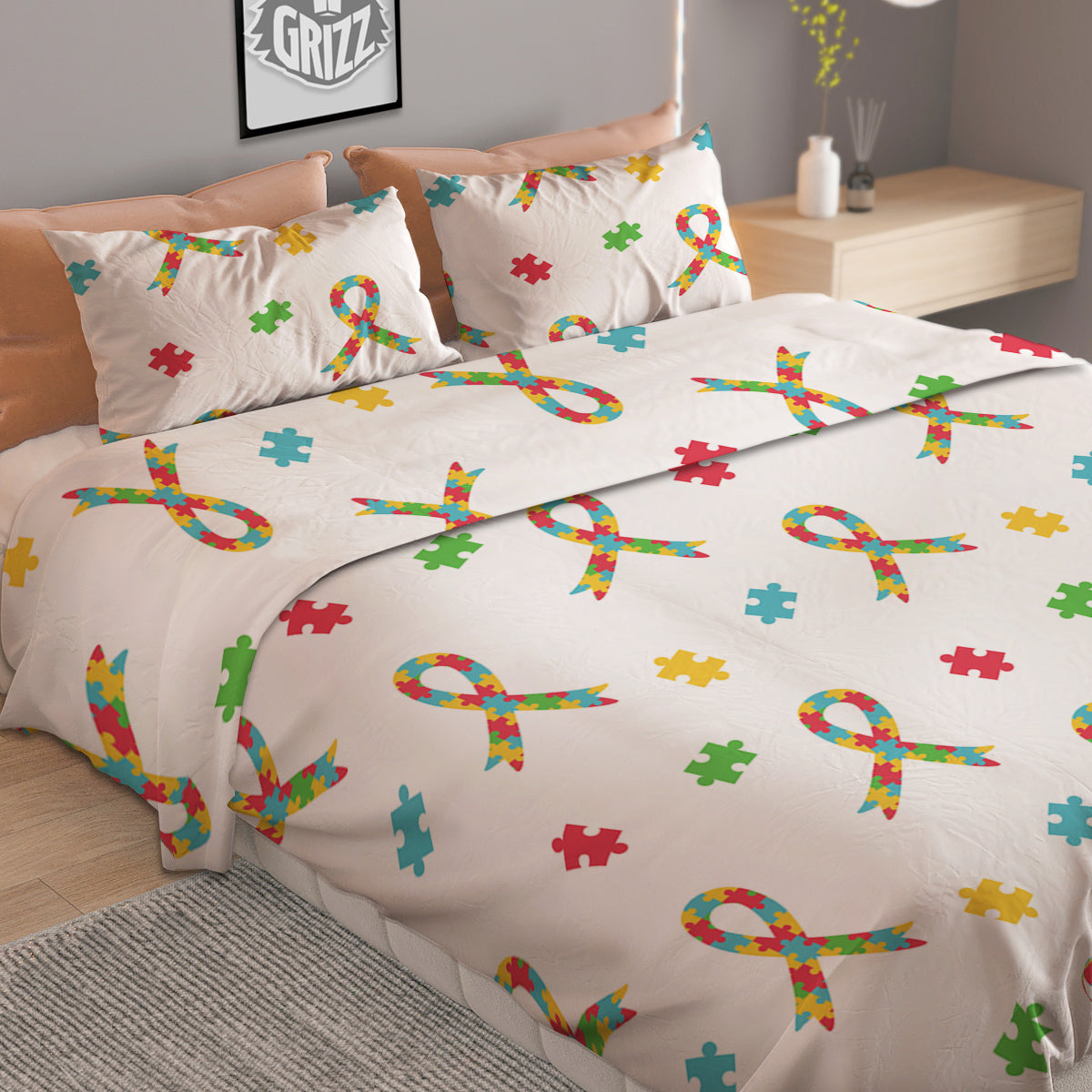 Ribbon Autism Awareness Print Pattern Duvet Cover Bedding Set