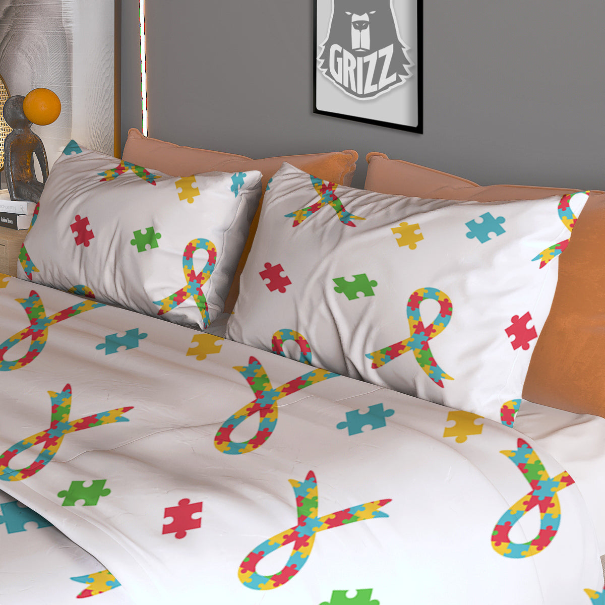 Ribbon Autism Awareness Print Pattern Duvet Cover Bedding Set