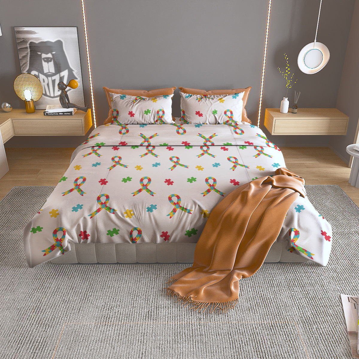 Ribbon Autism Awareness Print Pattern Duvet Cover Bedding Set