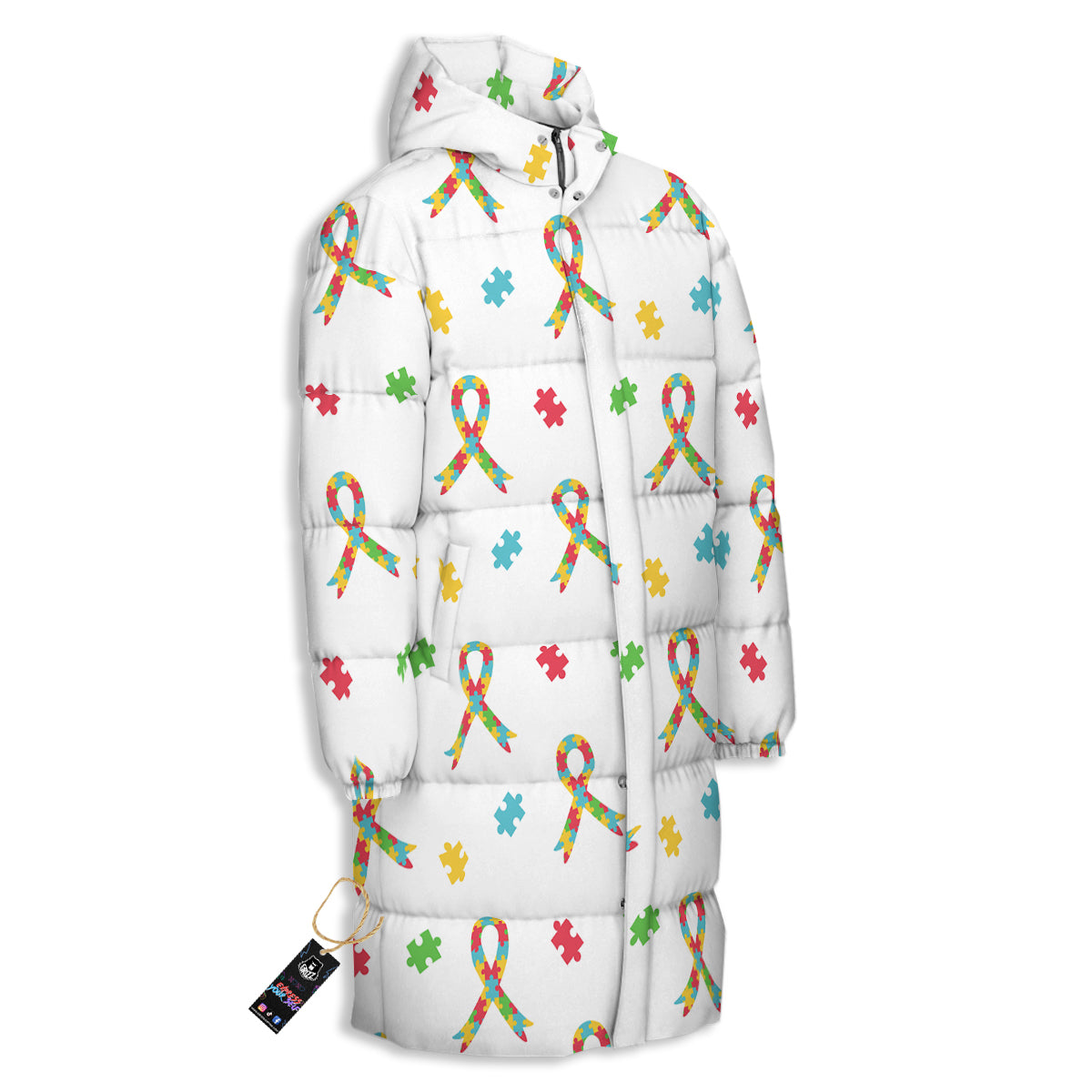Ribbon Autism Awareness Print Pattern Long Down Jacket-grizzshop