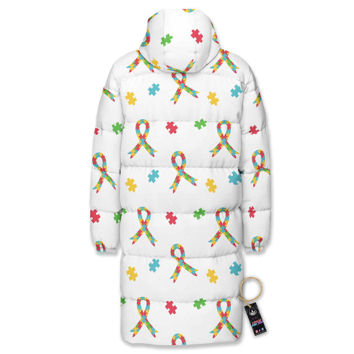 Ribbon Autism Awareness Print Pattern Long Down Jacket-grizzshop