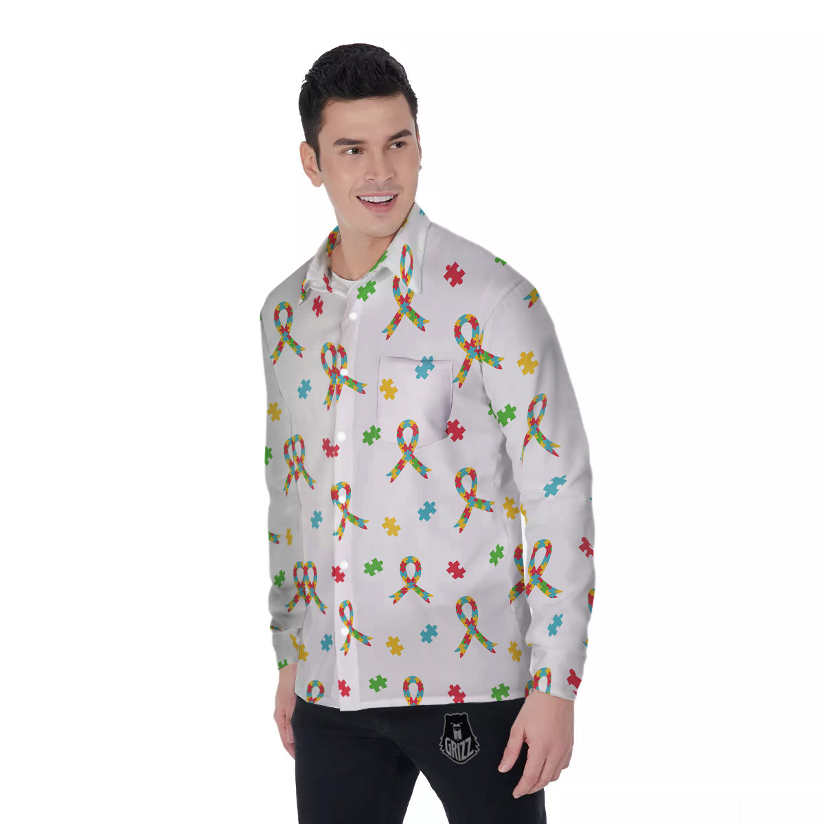 Ribbon Autism Awareness Print Pattern Men's Long Sleeve Shirts-grizzshop